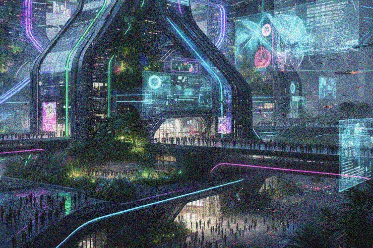 A futuristic city scene with neon lights, large digital screens displaying data, elevated walkways, and crowds of people. The architecture features modern, angular designs with greenery integrated into the structures.