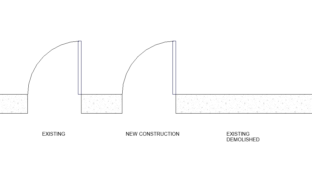 Simple Revit architectural section diagram showing three zones: Existing with a curved wall, New Construction and demo infill with a partial curved wall, and Existing Demolished as a flat surface. Surfaces and doors are clearly labeled.