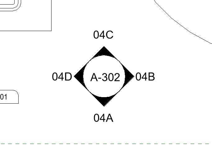 A diagram shows a diamond shape labeled A-302 in the center, with 04C at the top, 04A at the bottom, 04D on the left, and 04B on the right—ideal for managing Detail Group Locations in Revit without Dynamo. Geometric lines and partial labels are visible.