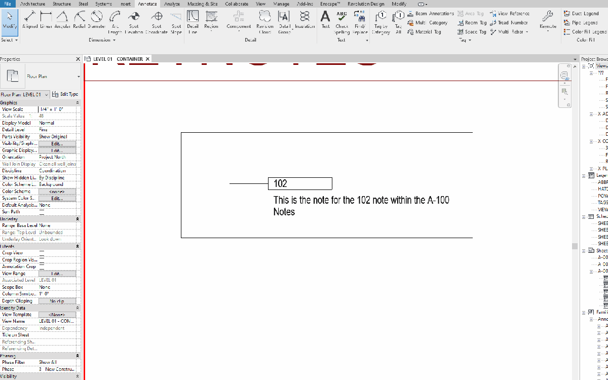 A screenshot of a Revit workspace shows a note box labeled 102 with the text: This is the note for the 102 note within the A-100 Keynotes. Various toolbars and properties are visible at the top and left sides.
