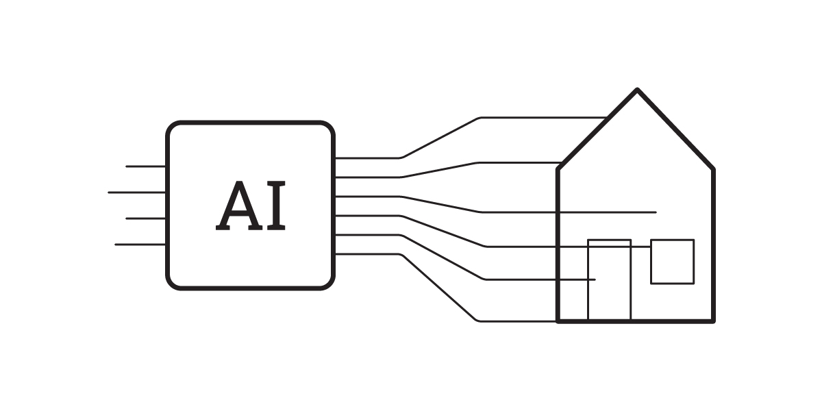 A line drawing depicts a square labeled AI connected by lines to various parts of a house outline, suggesting the integration of artificial intelligence into modern home architecture.