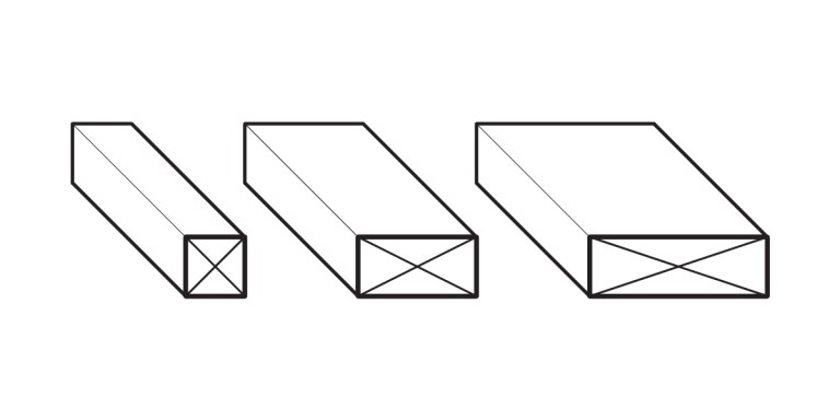 Three rectangular prisms of increasing sizes are drawn in black outline. Each prism, resembling stacked lumber, features diagonals connecting the corners of their front and back faces, forming an X shape on each end.