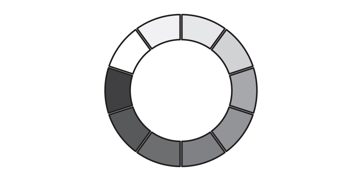 A circular diagram divided into ten equal segments, each shaded in varying tones of gray from light to dark, arranged in a gradient around the ring.