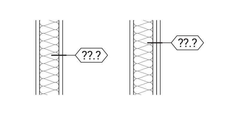 Two black-and-white diagrams of cellular structures side by side, each with a hexagonal label marked ??? pointing to a specific part of the structure within the vertical columns, resembling different wall partition types.