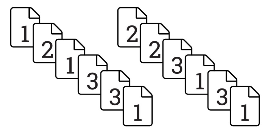 Nine document icons form two diagonal lines, each representing a Conformed Set. The first line shows documents labeled 1, 2, 3 three times, while the second line repeats 2, 3, 1 three times.