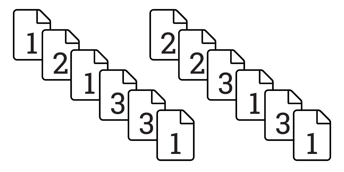 Nine document icons form two diagonal lines, each representing a Conformed Set. The first line shows documents labeled 1, 2, 3 three times, while the second line repeats 2, 3, 1 three times.