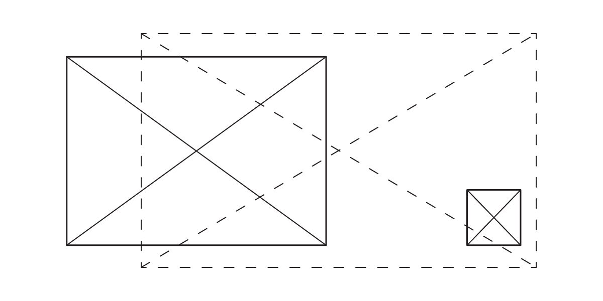 A large solid-lined square and a smaller solid-lined square appear on a white background. Both squares, marked “Open to Below,” have diagonal lines inside. Dashed lines connect their corners, outlining a larger rectangle.