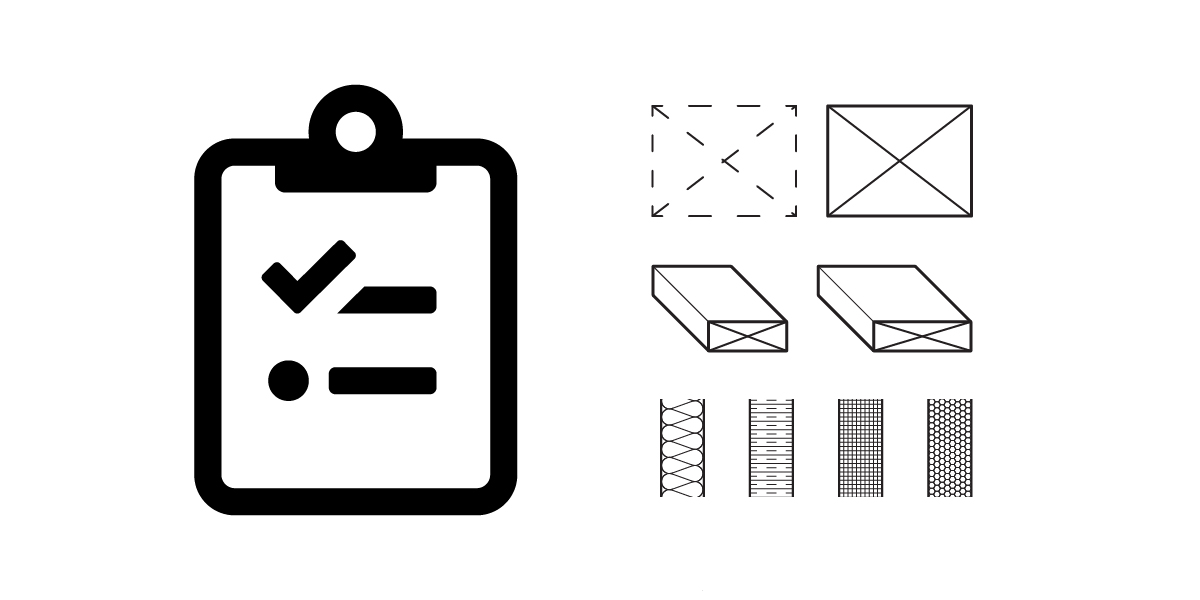 A large clipboard icon with checkmarks is on the left. On the right are six diagrams showing boxes in various orientations and three grid patterns, reflecting Industry Graphic Standards. The background is white.