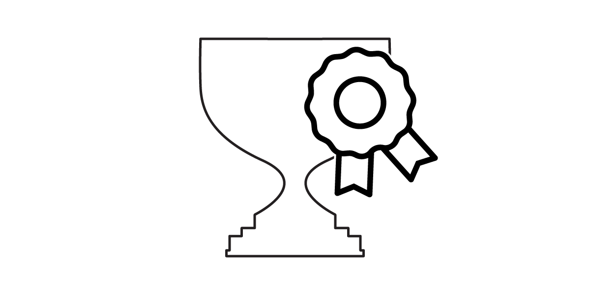 A simple black outline of a trophy cup with a ribbon or award badge attached to its right side, symbolizing achievement in sustainable building programs, set against a plain white background.