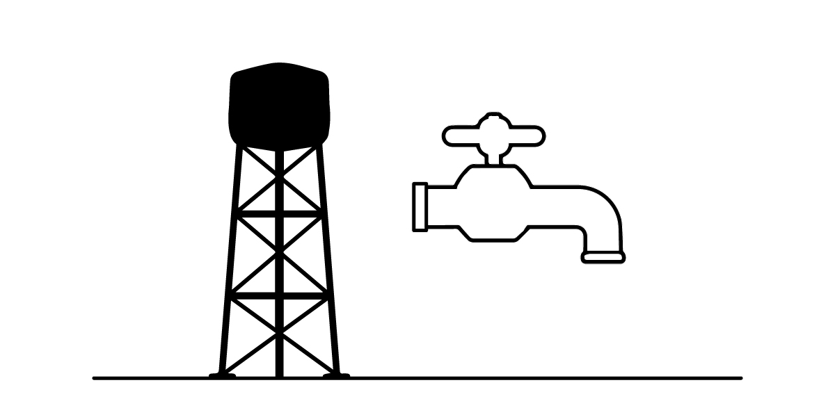A simple black and white illustration of a water tower with a cylindrical tank on a lattice framework next to a large faucet with a valve handle, both positioned on a flat horizontal line.