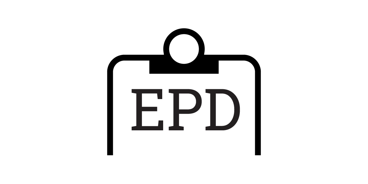 A simple black outline of a clipboard with the bold, uppercase letters EPD centered on the board, symbolizing Environmental Product Declarations, set against a plain white background.