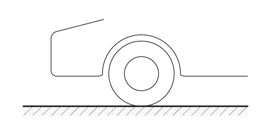 A simple black outline drawing of a car side profile, showing one wheel on a shaded surface representing the ground, subtly hinting at road paving materials beneath.