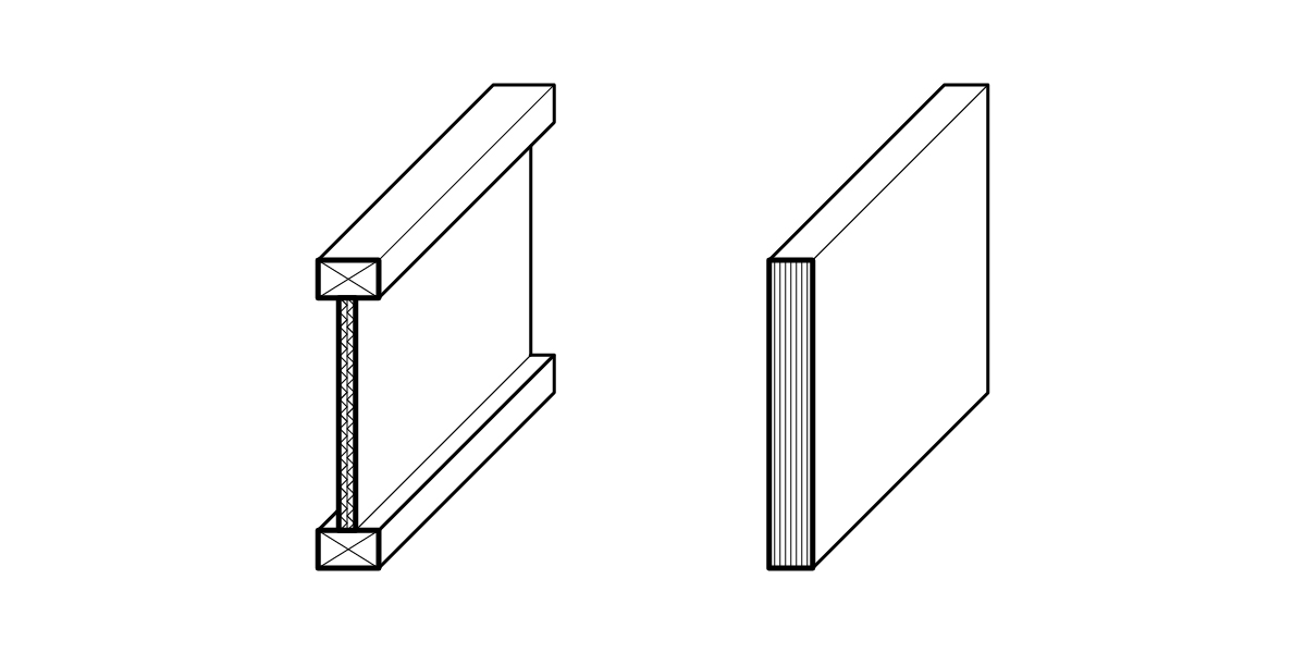 A line drawing shows two objects: on the left, a rectangular frame with a diagonal crisscross pattern inside, and on the right, a solid rectangular panel with visible layers. Both are oriented vertically.
