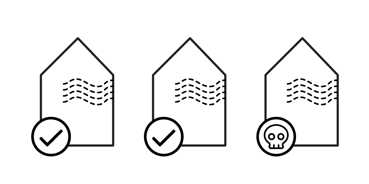 Three envelope icons are shown in a row. The first two, marked with a check for good IAQ, contrast with the third, which features a skull symbol to highlight poor Indoor Air Quality.