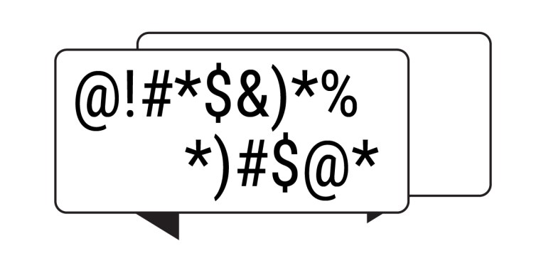 A graphic of two overlapping speech bubbles, with the front bubble containing random symbols representing swearing—an illustration that echoes the "Fuck You Pay Me" stance on protecting architects rights.