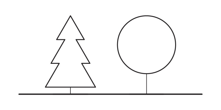 A simple line drawing of two trees on a horizontal line; the left tree, shaped like a triangle, suggests softwood, while the right tree’s circular form hints at hardwood or other wood types.