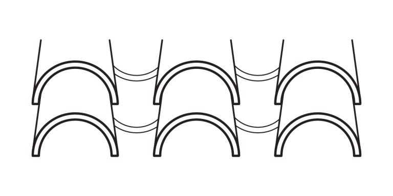 A black and white line drawing of overlapping arches arranged in two horizontal rows, creating a repeating geometric pattern against a white background.