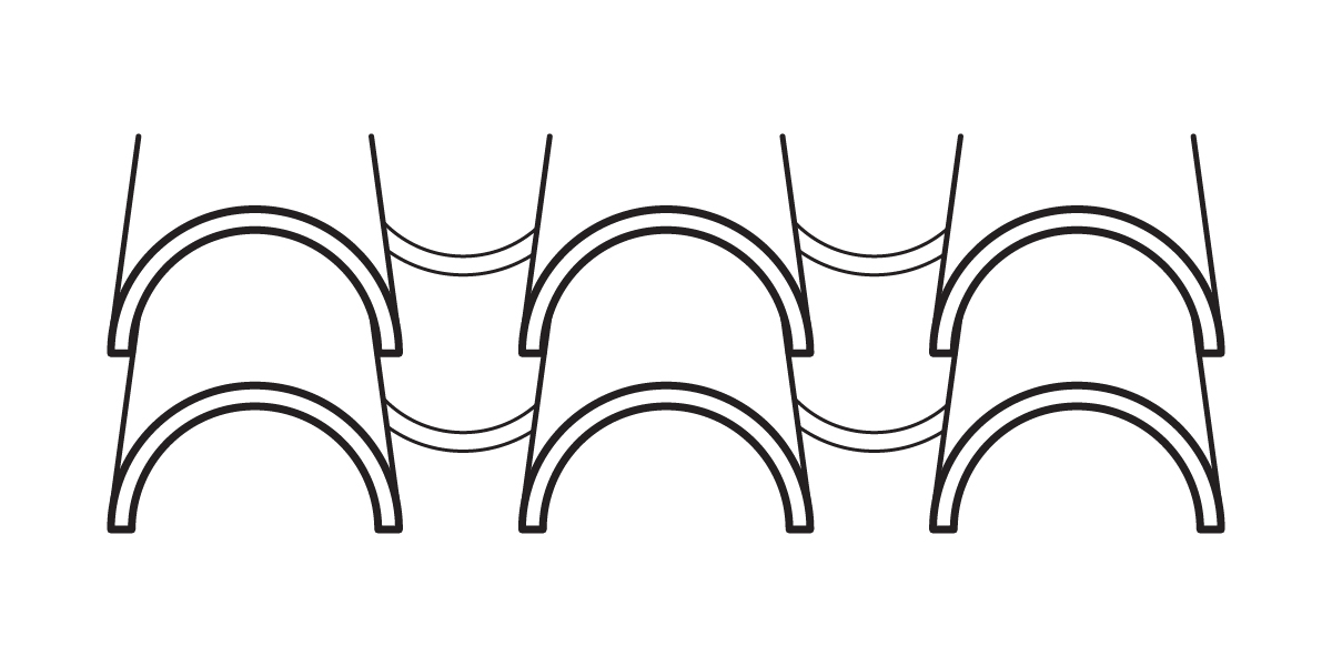 A black and white line drawing of overlapping arches arranged in two horizontal rows, creating a repeating geometric pattern against a white background.