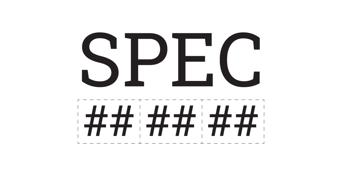 The image shows the word SPEC in large bold letters above three pairs of number signs (## ## ##), each pair enclosed in a dashed box, referencing Specifications or the CSI MasterFormat numbering system.