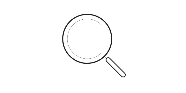 A simple black and white line drawing of a magnifying glass, symbolizing quality control, with a circular lens and straight handle, shown on a plain white background.