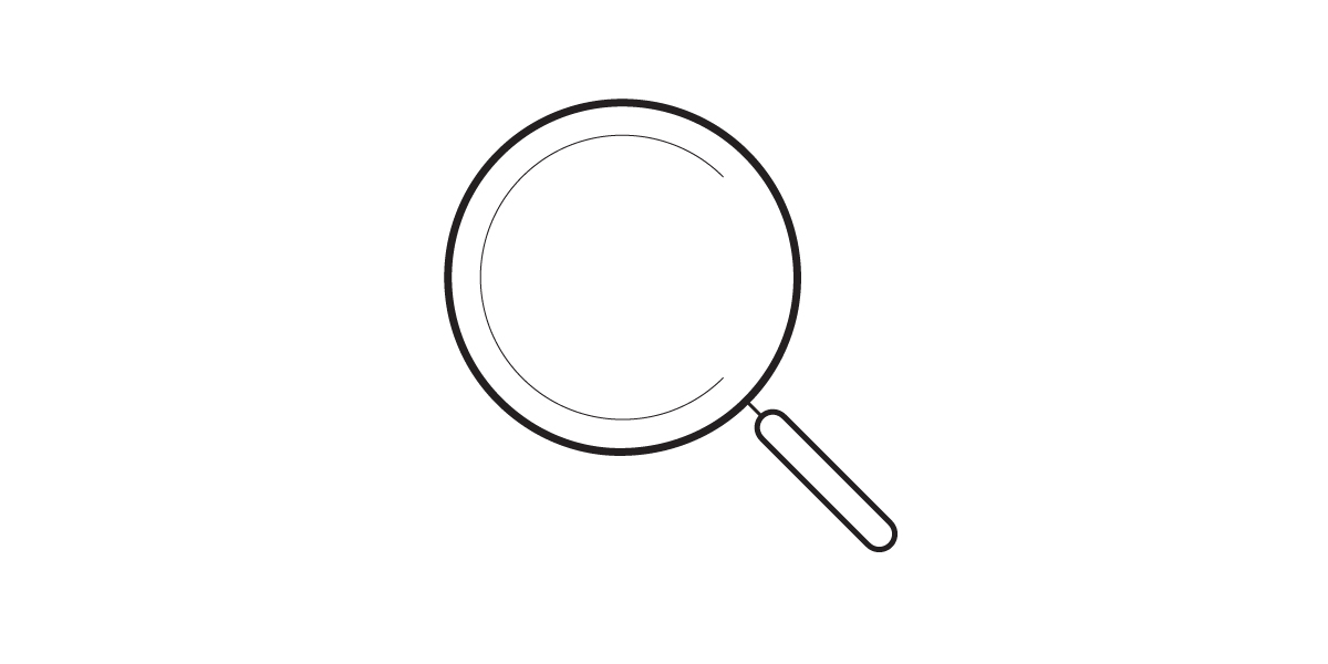 A simple black and white line drawing of a magnifying glass, symbolizing quality control, with a circular lens and straight handle, shown on a plain white background.