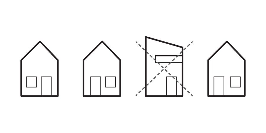 Four simple house outlines in a row; the third house has an angled roof and is divided by dashed diagonal lines, while the others have standard peaked roofs and doors and windows.