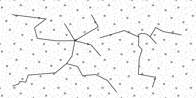 A white background filled with small black dots and tiny triangle shapes, overlaid with several intersecting and irregular black lines that form abstract, branching paths—suggesting the complexity of navigating concrete problems.