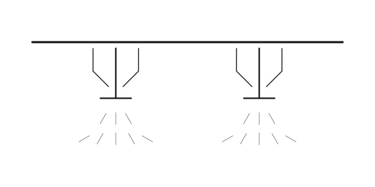 A simple black and white line drawing shows two ceiling-mounted fire sprinklers releasing water downward, depicted by angled lines spreading from each fire sprinkler head.