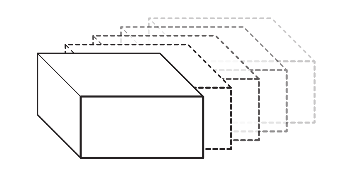 A large rectangular box in the foreground, with four smaller, progressively lighter dashed-outline boxes stacked behind it, appearing to recede into the distance—evoking the concept of design prototypes in building design.