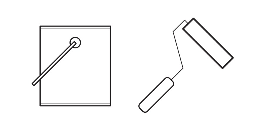 A black and white line drawing of a paint can with a lid partially open and a paint roller lying next to it on a white background.
