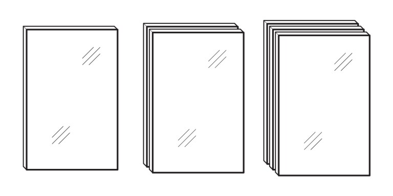 Three stacks of rectangular sheets illustrate various glass types: one sheet in the first stack, three in the second, and five in the third. Each sheet features two angled lines to suggest a reflective surface.