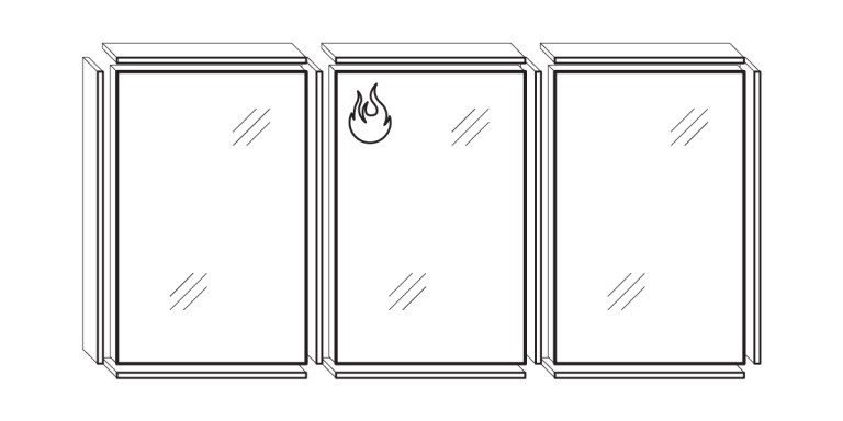 Three closed books are standing upright in a row. The book on the left features a flame icon on its cover, while the other two resemble glass assemblies with plain covers and no additional markings.