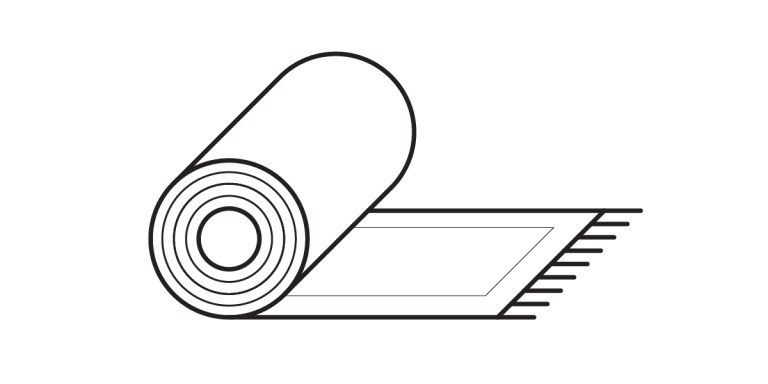 A black and white line drawing of a rolled-up rug or carpet with fringe on one end, partially unrolled on a flat surface—perfect for illustrating carpet flooring or professional flooring solutions.