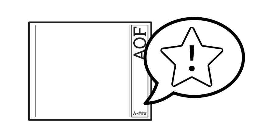 A square title block frame with “AOF” written vertically on the right and “A-###” at the bottom. A speech bubble beside it features a star with an exclamation mark—perfect for showcasing RFA tips & tricks.