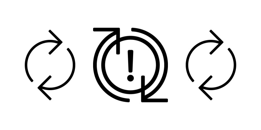Three circular arrow icons are shown. The center icon, representing a Sync Error, has an exclamation mark inside and two overlapping arrows, while the side icons each have a single circular arrow. All designs are black on a white background.