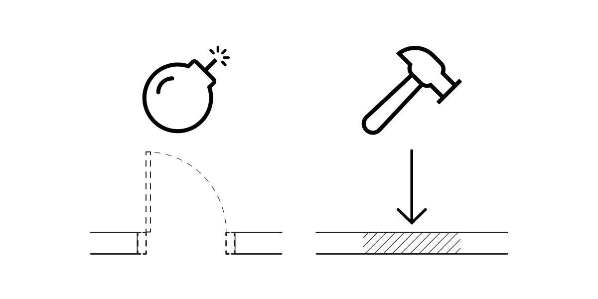 A black and white illustration shows a bomb breaking a bridge on the left and a hammer driving straight down onto a surface on the right, with arrows indicating the direction of force, similar to how demo infill is shown in Revit.