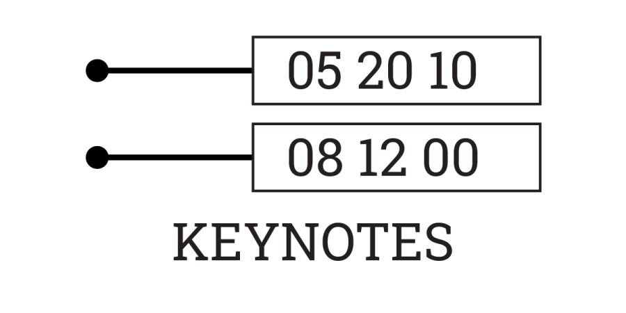 Two horizontal lines with black dots on the left point to two boxes containing the numbers 05 20 10 on top and 08 12 00 below. The word KEYNOTES in bold capitals appears underneath, referencing Revit Keynotes for detailed annotations.