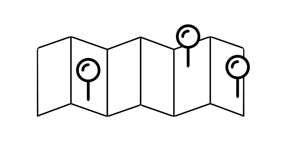 A simple black and white line drawing of a folded map with three location pins placed on different sections, symbolizing how to find detail group locations in Revit without Dynamo.