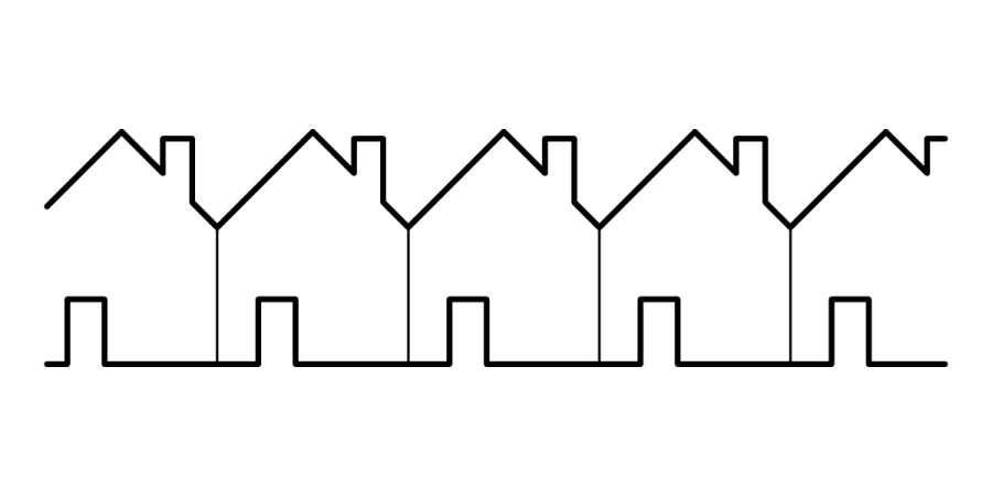 A simple black line drawing shows six connected house shapes in a row, each with a triangular roof and a rectangular door, illustrating different housing types in a continuous outline on a white background.