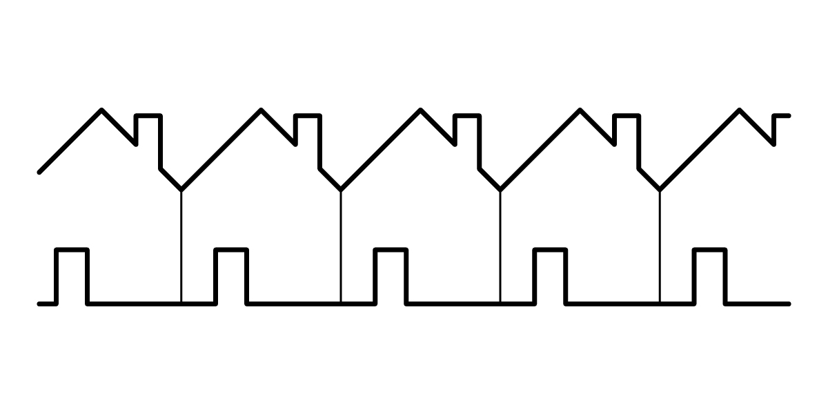 A simple black line drawing shows six connected house shapes in a row, each with a triangular roof and a rectangular door, illustrating different housing types in a continuous outline on a white background.