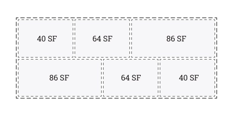 A Revit diagram with six labeled rectangles in two rows displays: 40 SF, 64 SF, and 86 SF above; 86 SF, 64 SF, and 40 SF below. Each rectangle is outlined with dashed lines to help visualize area totals and rounding.