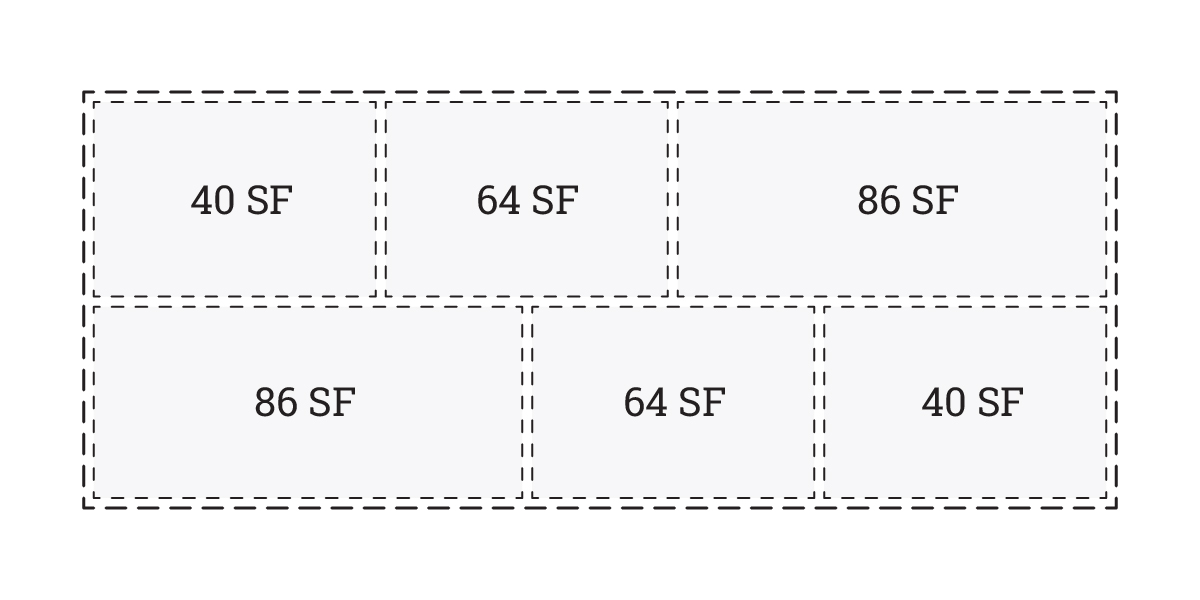 A Revit diagram with six labeled rectangles in two rows displays: 40 SF, 64 SF, and 86 SF above; 86 SF, 64 SF, and 40 SF below. Each rectangle is outlined with dashed lines to help visualize area totals and rounding.