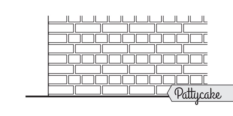 A simple line drawing of a brick wall with five horizontal rows and staggered bricks, perfect for CAD projects or as PAT files. The word Pattycake appears in script inside a label on the lower right corner.