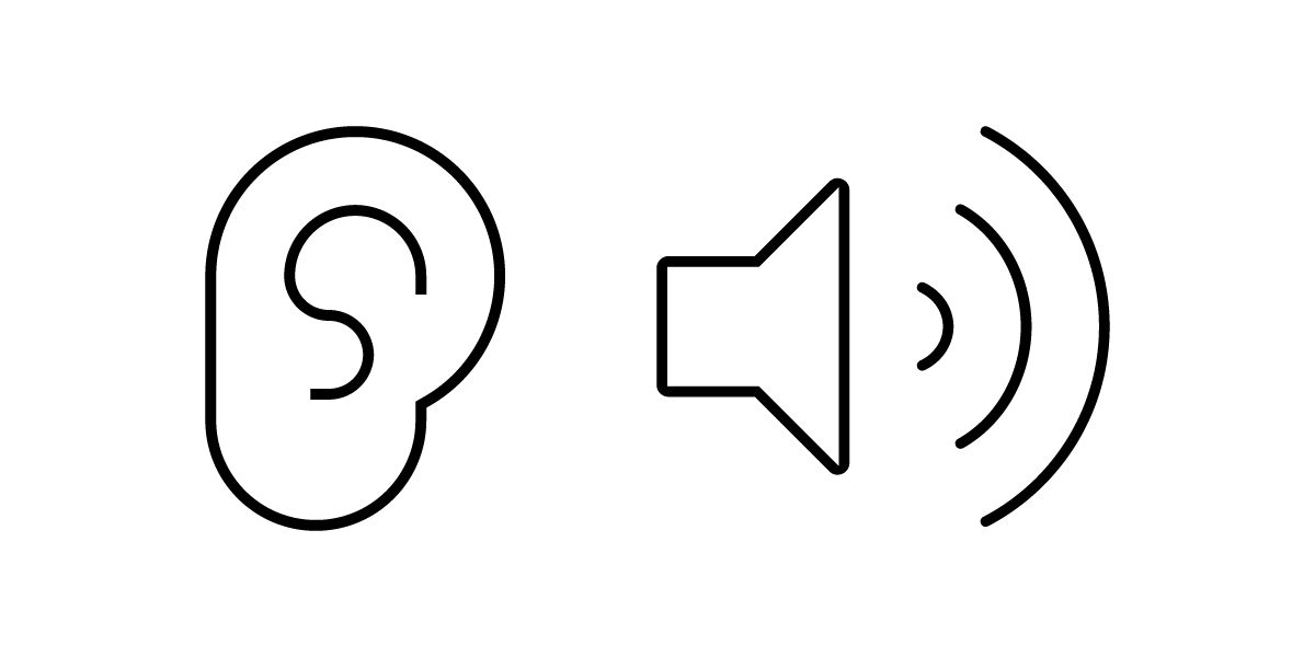 A black outline of an ear is on the left, and a black outline of a speaker emitting sound waves, representing sound intensity and loudness, is on the right, both set against a white background.