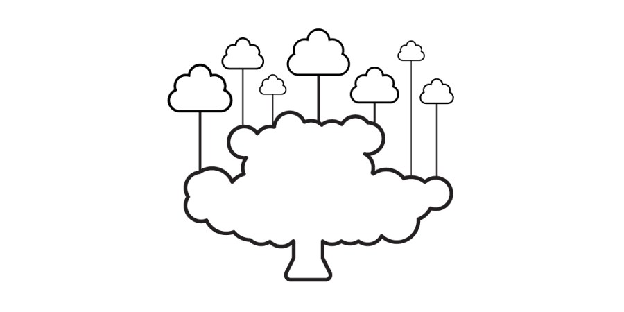 A simple black and white line drawing of a large tree with a thick trunk and wide canopy. Several smaller cloud-shaped figures are positioned above and behind it, each connected to the canopy by thin vertical lines.