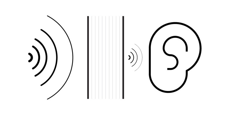 A diagram shows sound waves traveling toward a vertical barrier, with reduced size as they pass through—illustrating Sound Transmission Class (STC)—and finally reaching an ear on the right side of the image.