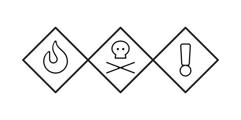 Three black outline hazard symbols in diamond shapes—representing flammable, toxic, and caution—are shown on a white background, commonly used to label Hazardous Materials or Dangerous Goods.