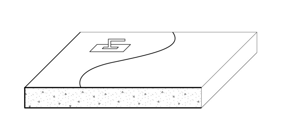 A simple black-and-white diagram shows a rectangular solid with a concrete finish cross-section, a curved line dividing the top surface, and an abstract geometric symbol in the upper left corner.
