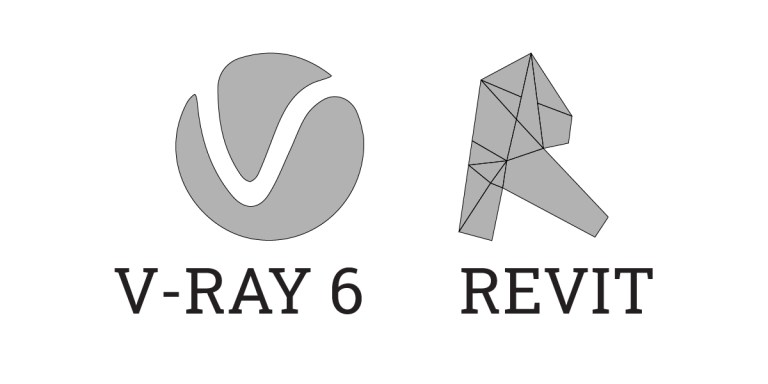 Gray Chaos V-Ray 6 logo on the left and gray Revit logo on the right, both above their respective names in bold black uppercase text on a white background—perfect for a 2024 Review of V-Ray Revit.
