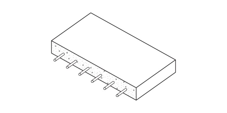 A black-and-white line drawing shows a rectangular three-dimensional block with six pins protruding from one side, resembling an electronic component such as an integrated circuit, evoking the precision found in concrete reinforcement structures.
